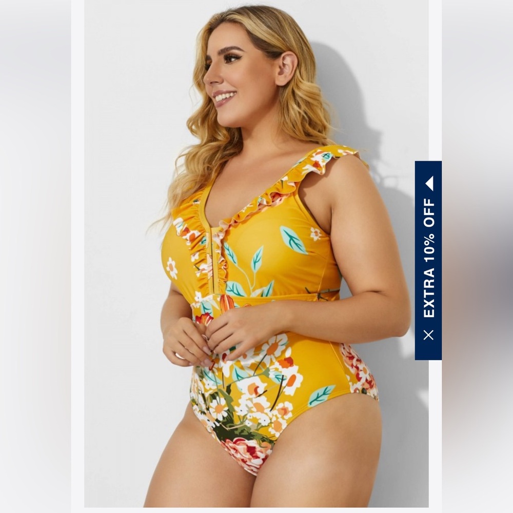 Meet.Curve Yellow Floral Ruffled One-Piece Swimsuit Size 2X